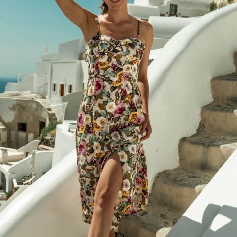 Bohme Kim Floral Print Midi Dress Sleeveless Spaghetti Straps Smocked Slit M.